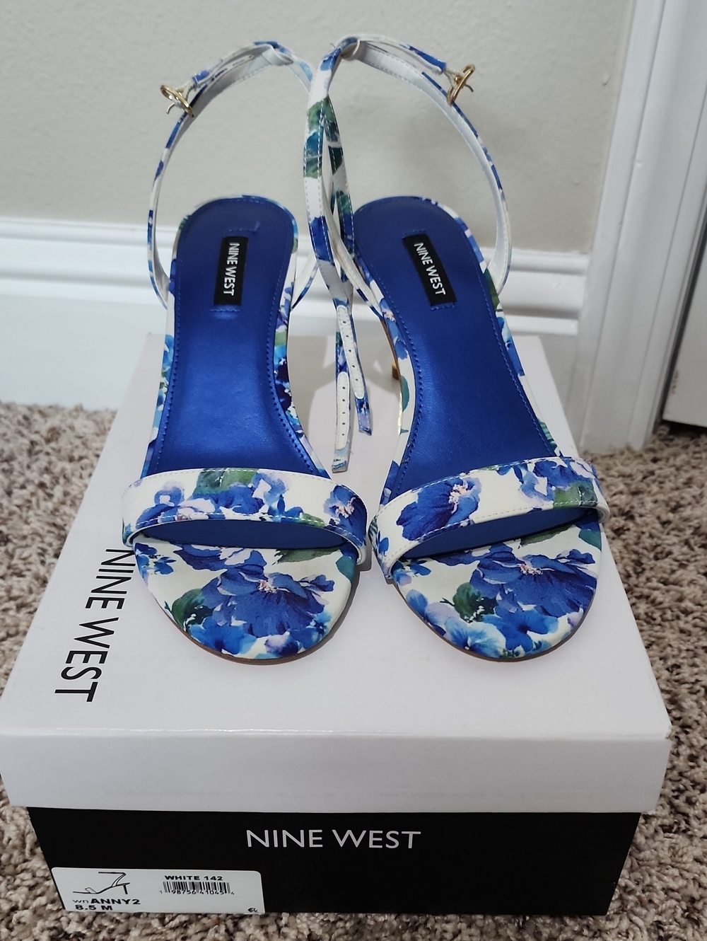 Nine West White and Blue Floral Ankle-Strap Heels